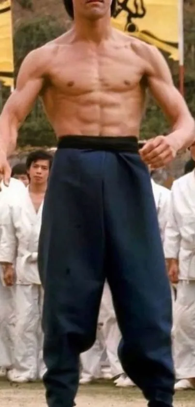 Martial artist in outdoor scene, displaying strength and focus.