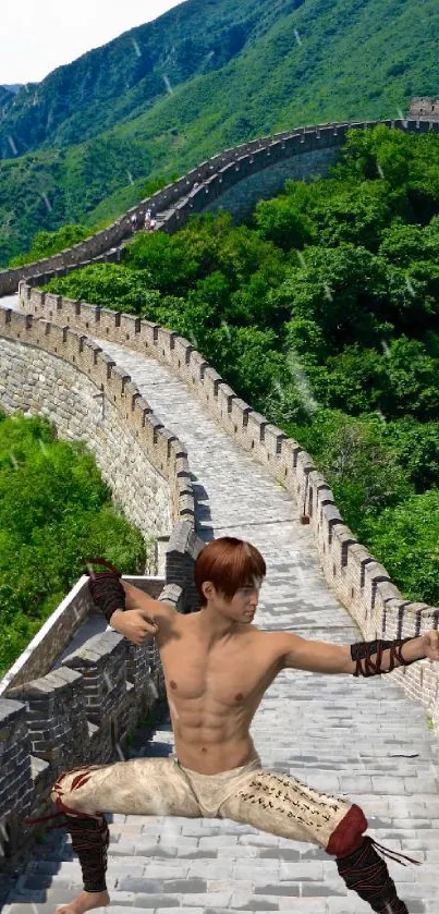 Martial artist posing on the Great Wall amid green scenery.