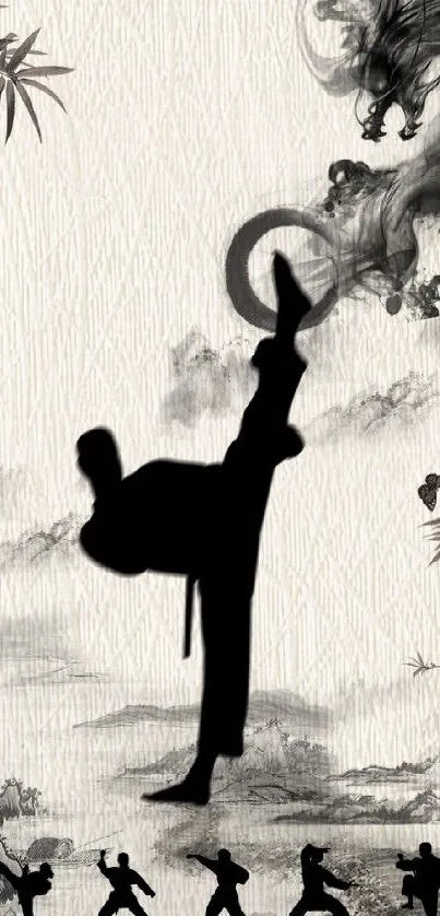 Martial arts silhouette with dragon smoke on beige wallpaper.