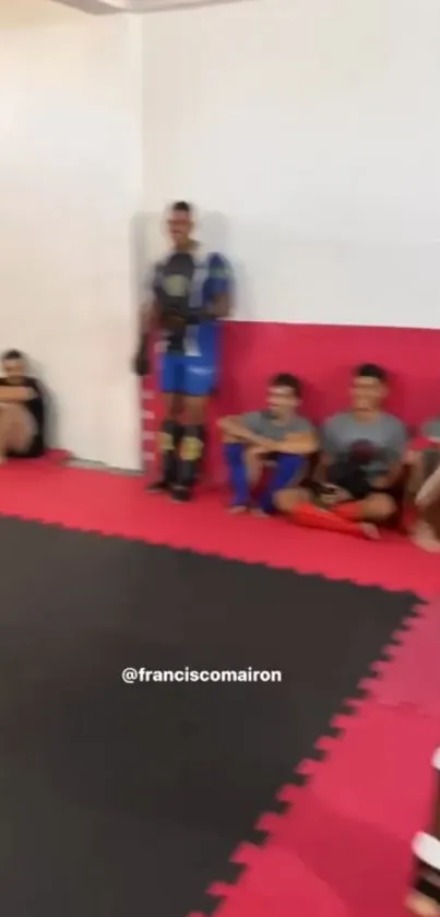 Martial artists in a gym with red mat and equipment.