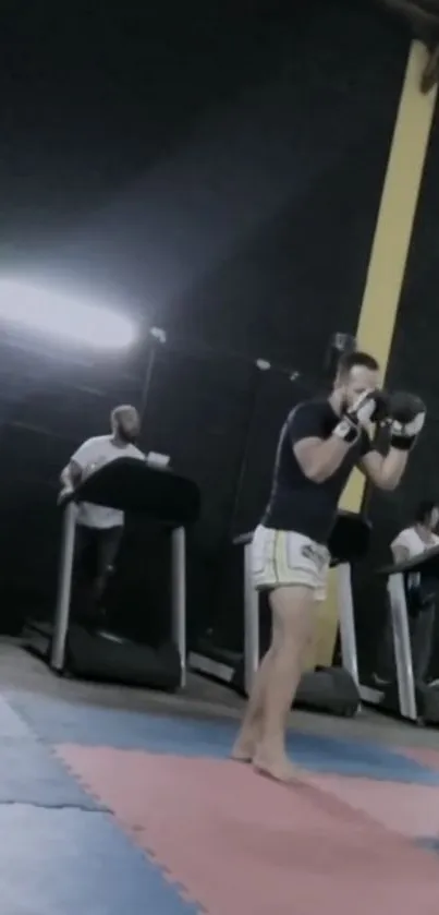 Martial arts training in a gym setting with treadmills and punching stance.