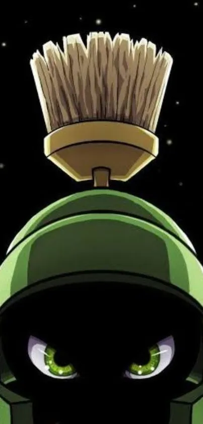 Martian character with green helmet and stars in the background.