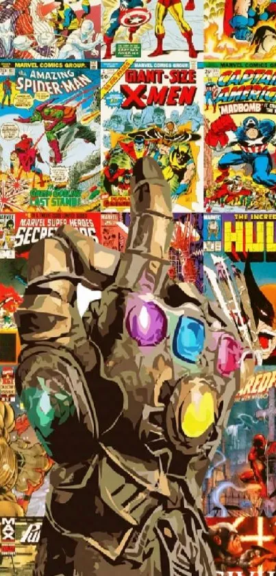 Marvel collage wallpaper featuring superhero comic covers and the Infinity Gauntlet.