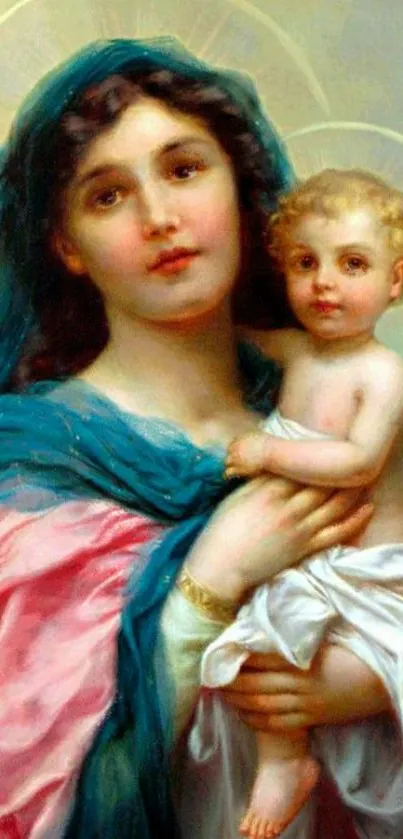 Classic painting of Mary with Child in a divine setting.