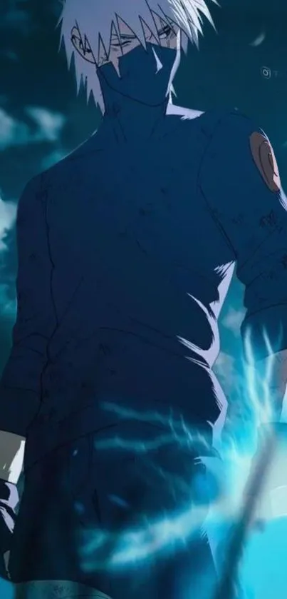 Mysterious masked anime character in night scene with blue aura.