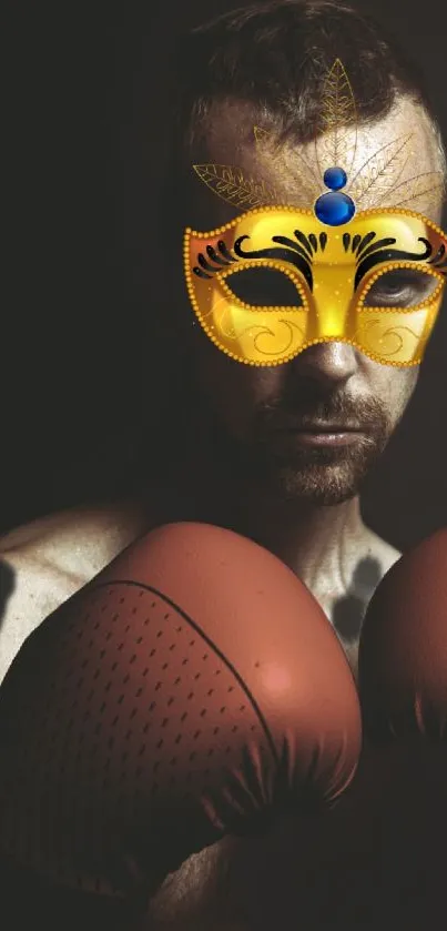Masked boxer with gold mask and boxing gloves.