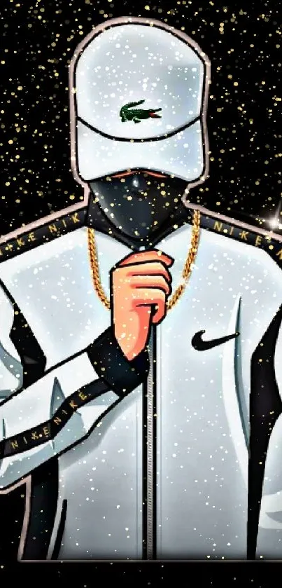 Masked character in a white jacket on black background wallpaper.