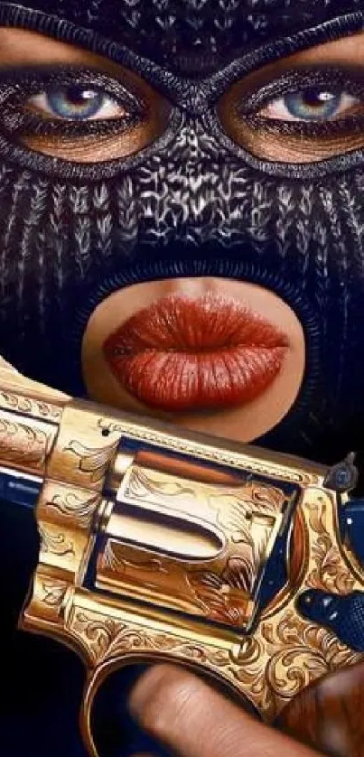 Masked woman with gold revolver mobile wallpaper.