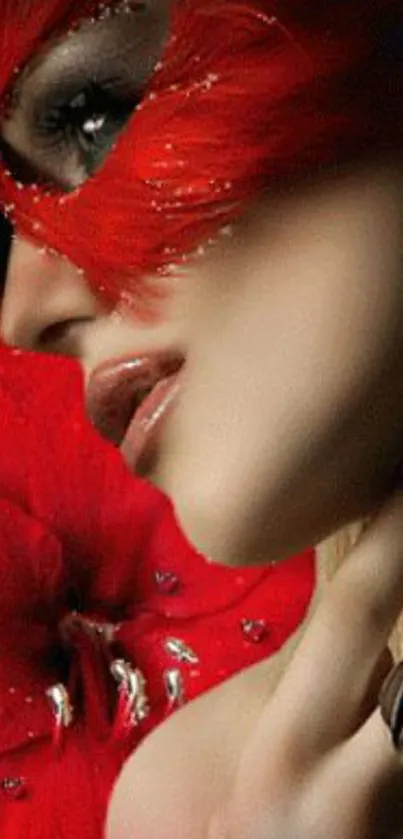 Red mask elegant face artistic wallpaper with striking details.