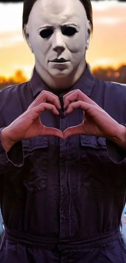 Masked figure forms heart gesture at sunset.