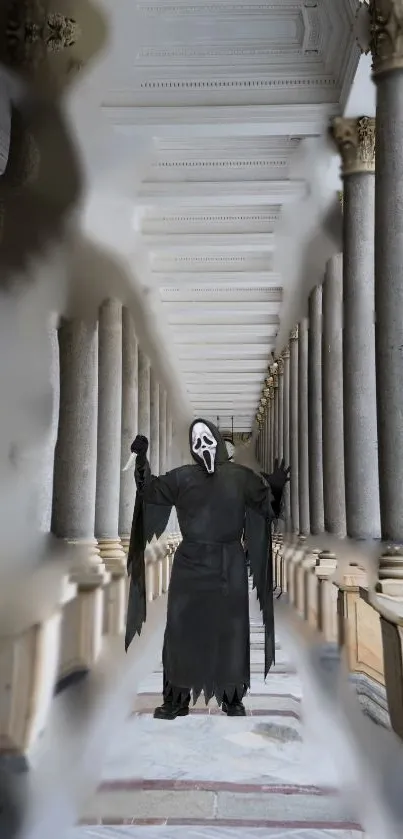 Masked figure standing in a gothic stone corridor with a mysterious atmosphere.