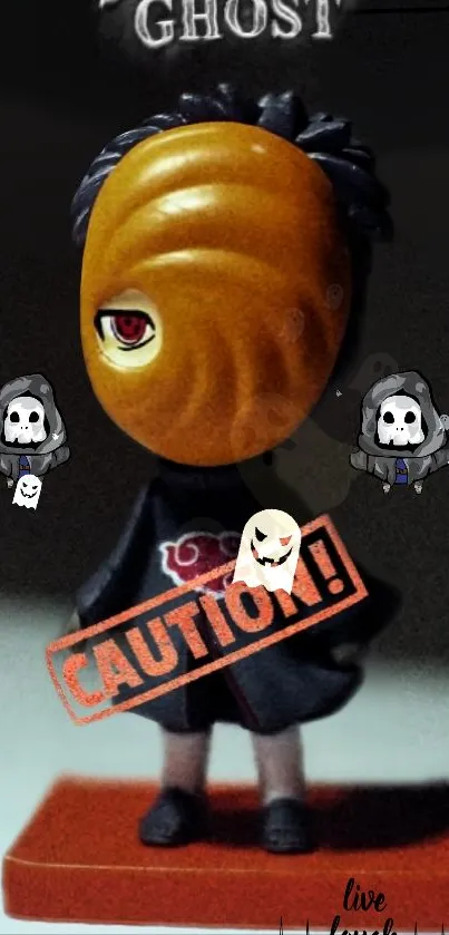 Masked figurine with a Halloween theme and ghostly elements.