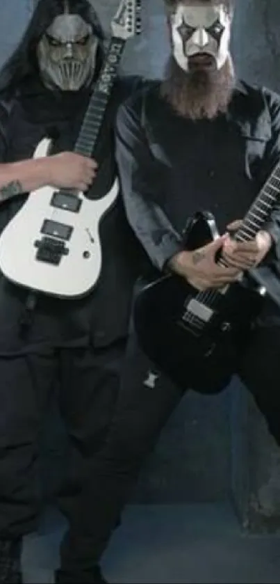 Masked guitarists holding electric guitars in a dark setting.