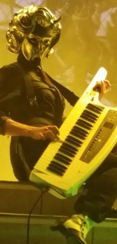 Masked musician playing keytar against a bright yellow background.