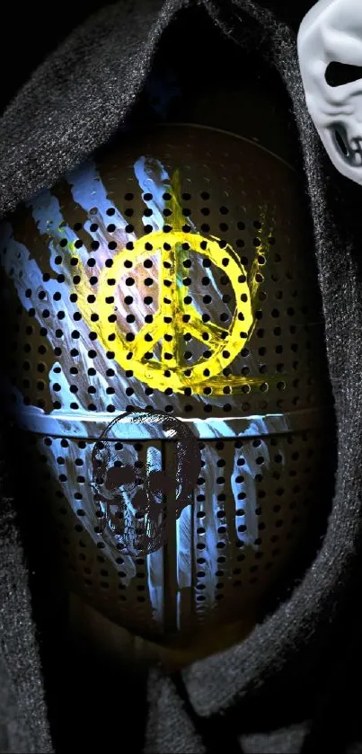 Masked figure with peace symbol in dark hood, striking mobile wallpaper.