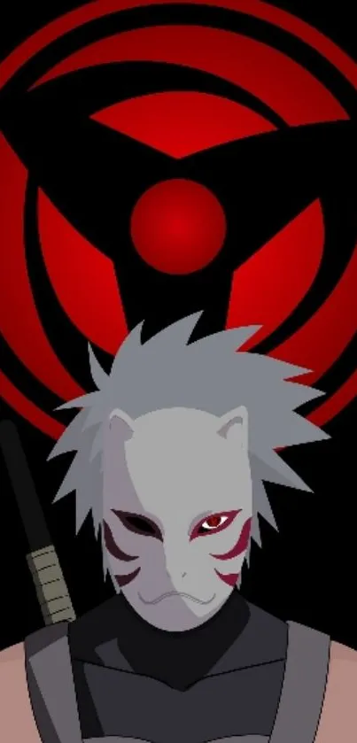 Ninja character with a mask and a red circular background design.