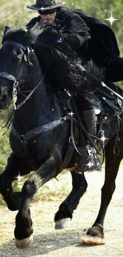 Masked rider in black on a galloping horse.