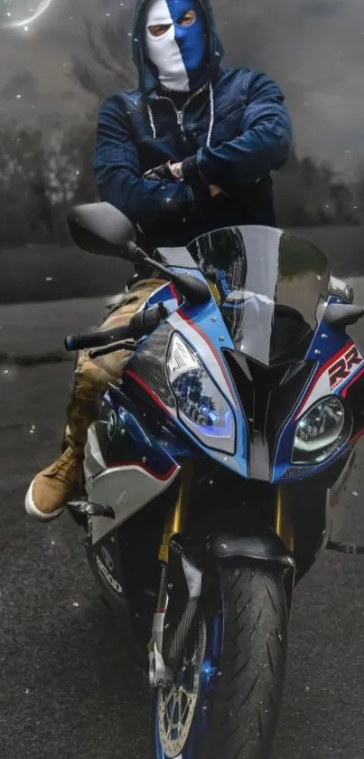 Masked rider on a blue motorcycle on a road.