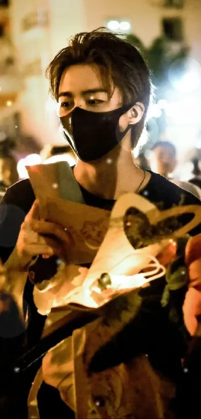 Masked figure in crowd with soft night lighting and urban backdrop.