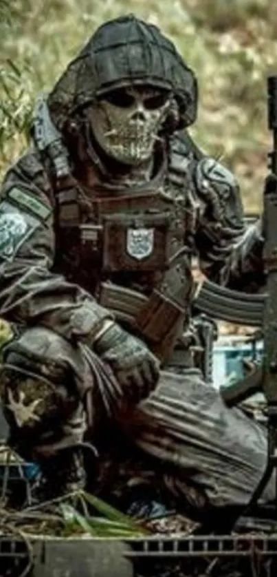 Masked soldier in tactical gear holding rifle in forest setting.