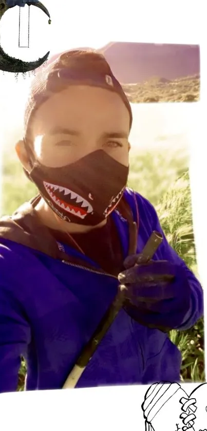 Masked individual in a sunlit field scene.