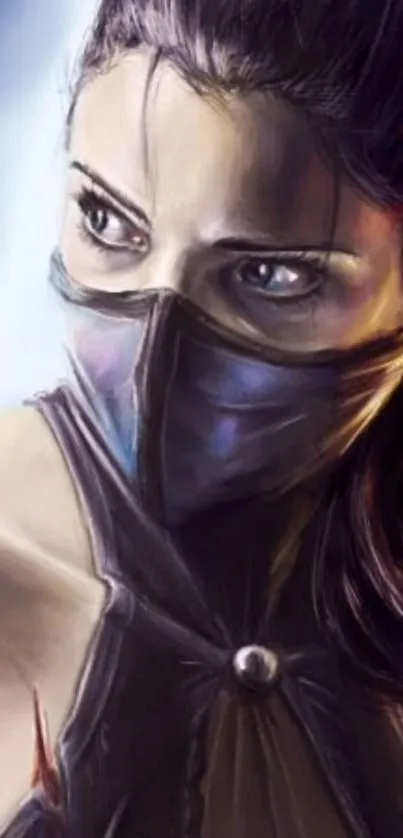 Mystical digital art of a masked woman with intense gaze.