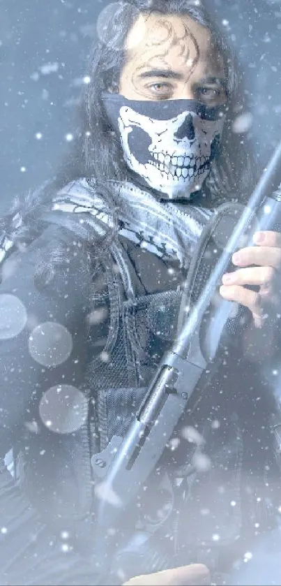 A warrior in a skull mask holding a rifle in a snowy scene.