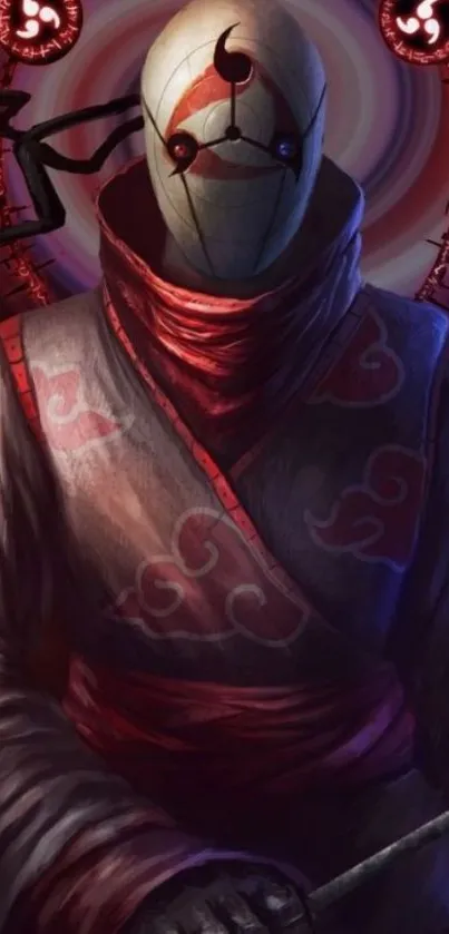 Mysterious masked warrior with red and black hues.