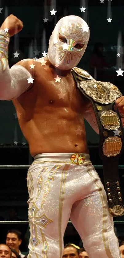 Masked wrestler celebrating with championship belt in the ring.