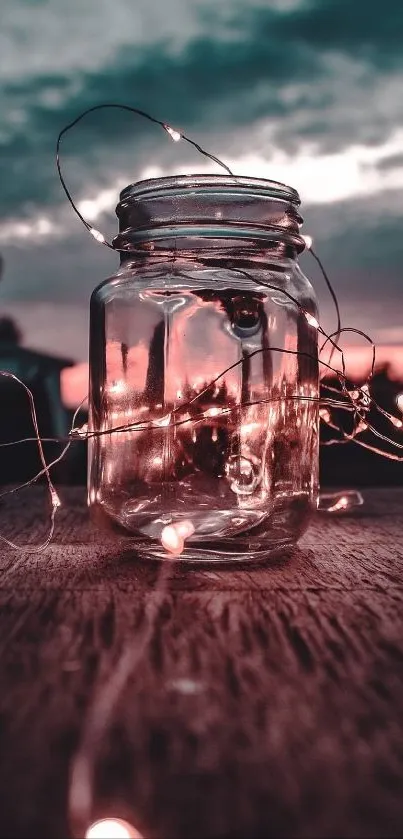 Mason jar with fairy lights on wooden surface against a dusky sky.