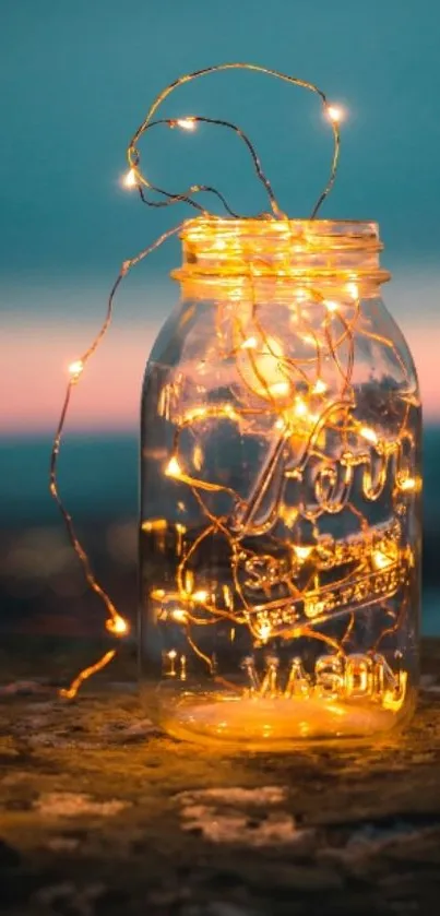 Mason jar with glowing fairy lights against a twilight background.