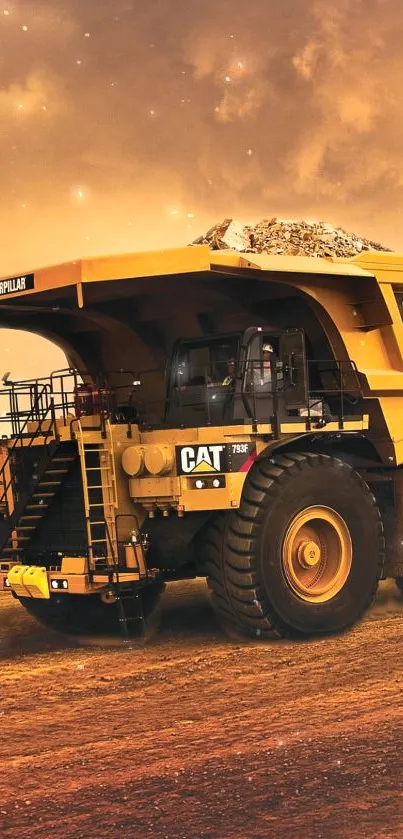 CAT 793F dump truck on a golden brown terrain under a glowing sky.