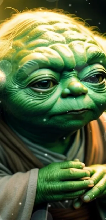 Artistic Yoda mobile wallpaper with green tones.