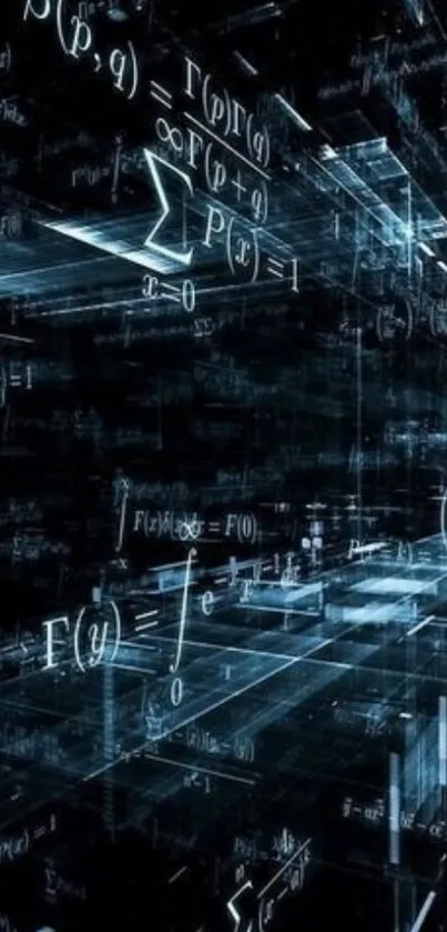 Futuristic cyber math formulas wallpaper with digital graphics on a dark background.