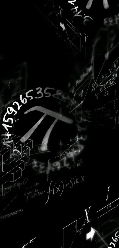 Elegant black wallpaper featuring math symbols and equations.