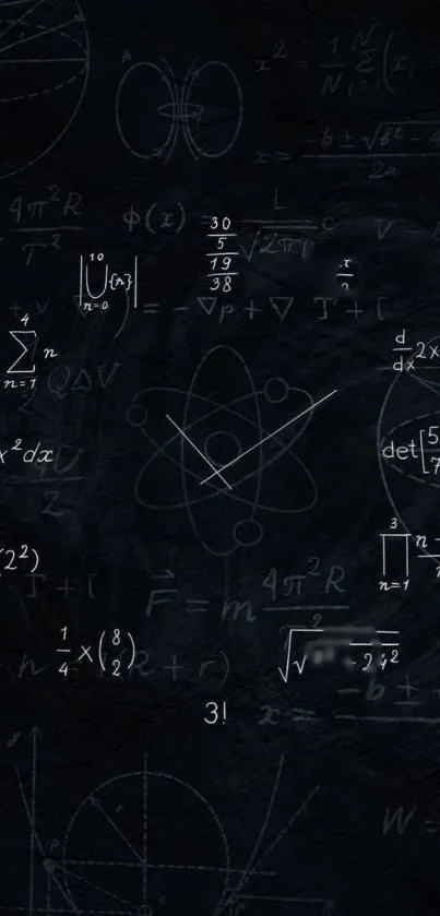 Dark theme wallpaper with math equations and atomic symbols.