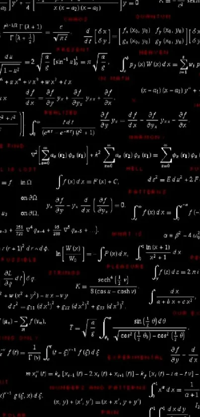 Black wallpaper with mathematical equations and symbols in white and red.