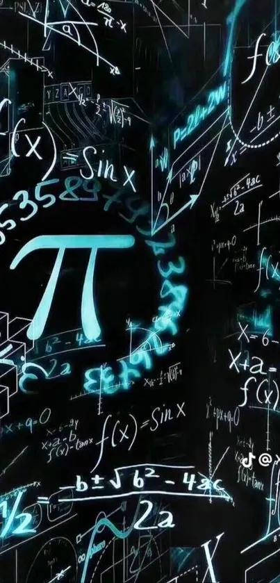 Mathematical equations with Pi symbol on a dynamic black background.