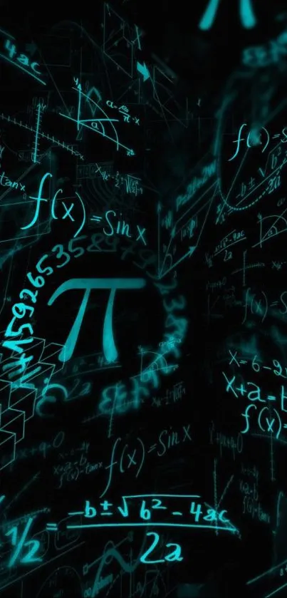 Glowing mathematical equations and symbols on a dark background wallpaper.