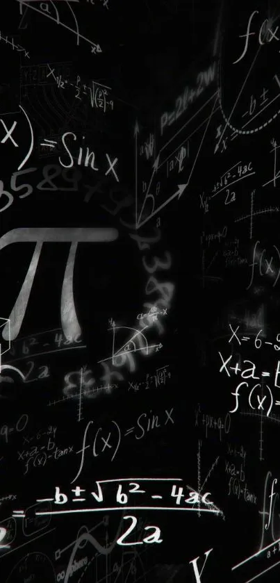 Black wallpaper with math formulas and pi symbol.