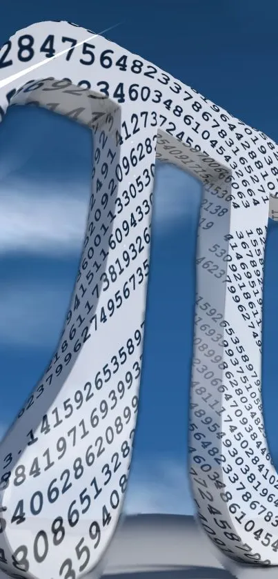 3D Pi symbol with numbers on a blue sky background.