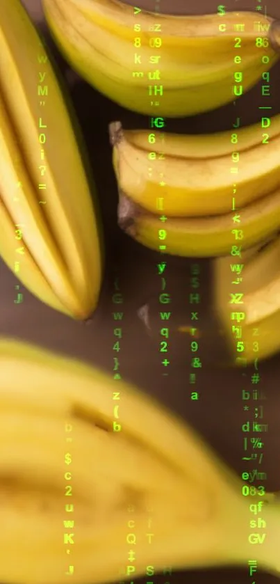 Yellow bananas with matrix-style green code overlay, mobile wallpaper.