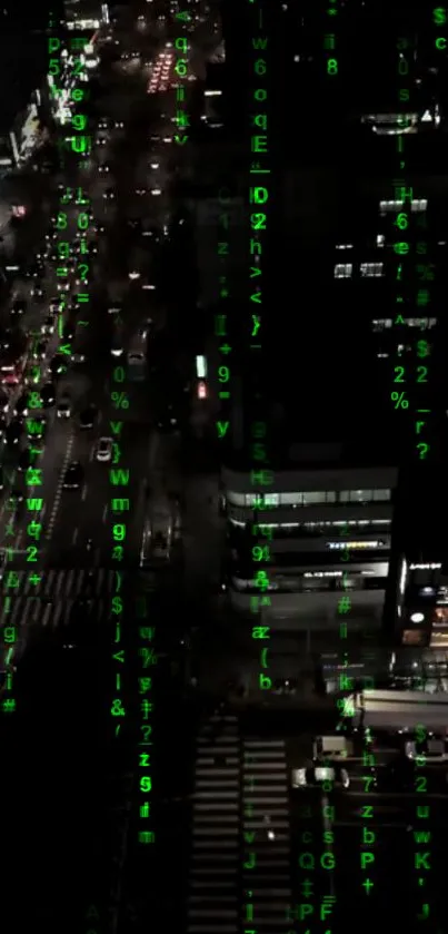 Matrix-style cityscape wallpaper with green digital code overlay.