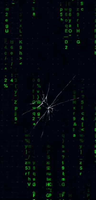 Matrix code wallpaper with cracked screen effect in green hues.