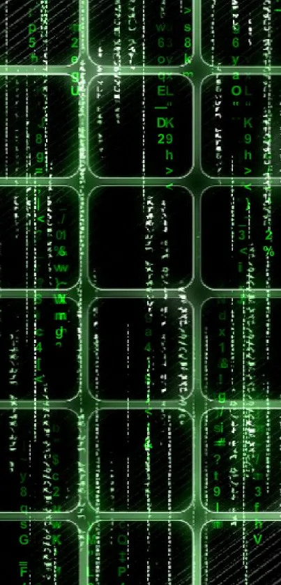 Matrix-inspired green digital code wallpaper with black background.