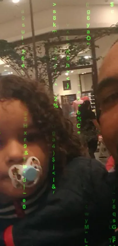 Father and child portrait with matrix code overlay effect.