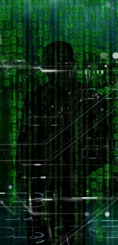 Matrix-inspired green code wallpaper with silhouette.