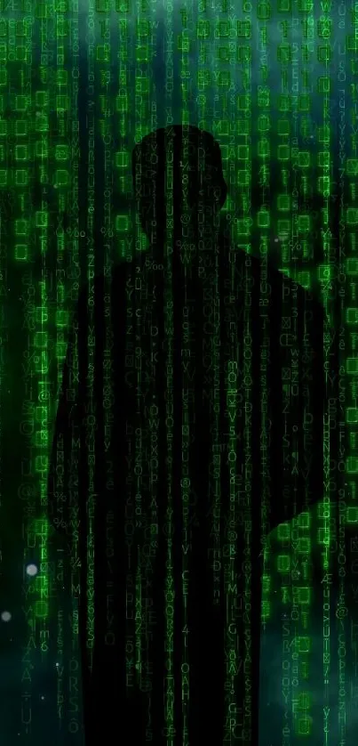 Green Matrix code with silhouetted figure on a digital wallpaper background.