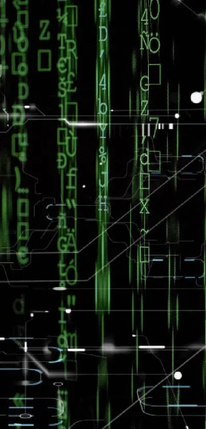 Matrix-inspired green code falling down in digital wallpaper for mobile.