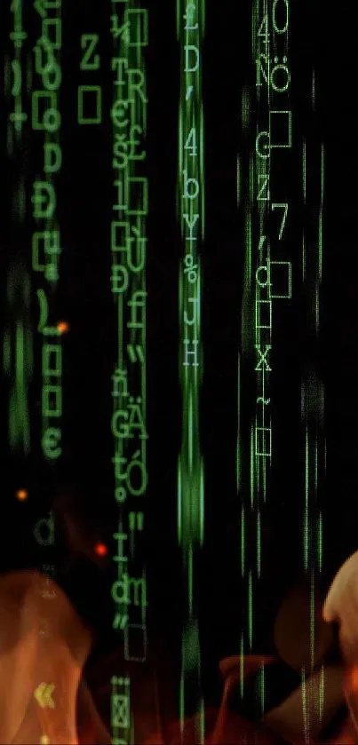 Green digital code wallpaper with Matrix-like symbols, perfect for tech lovers.